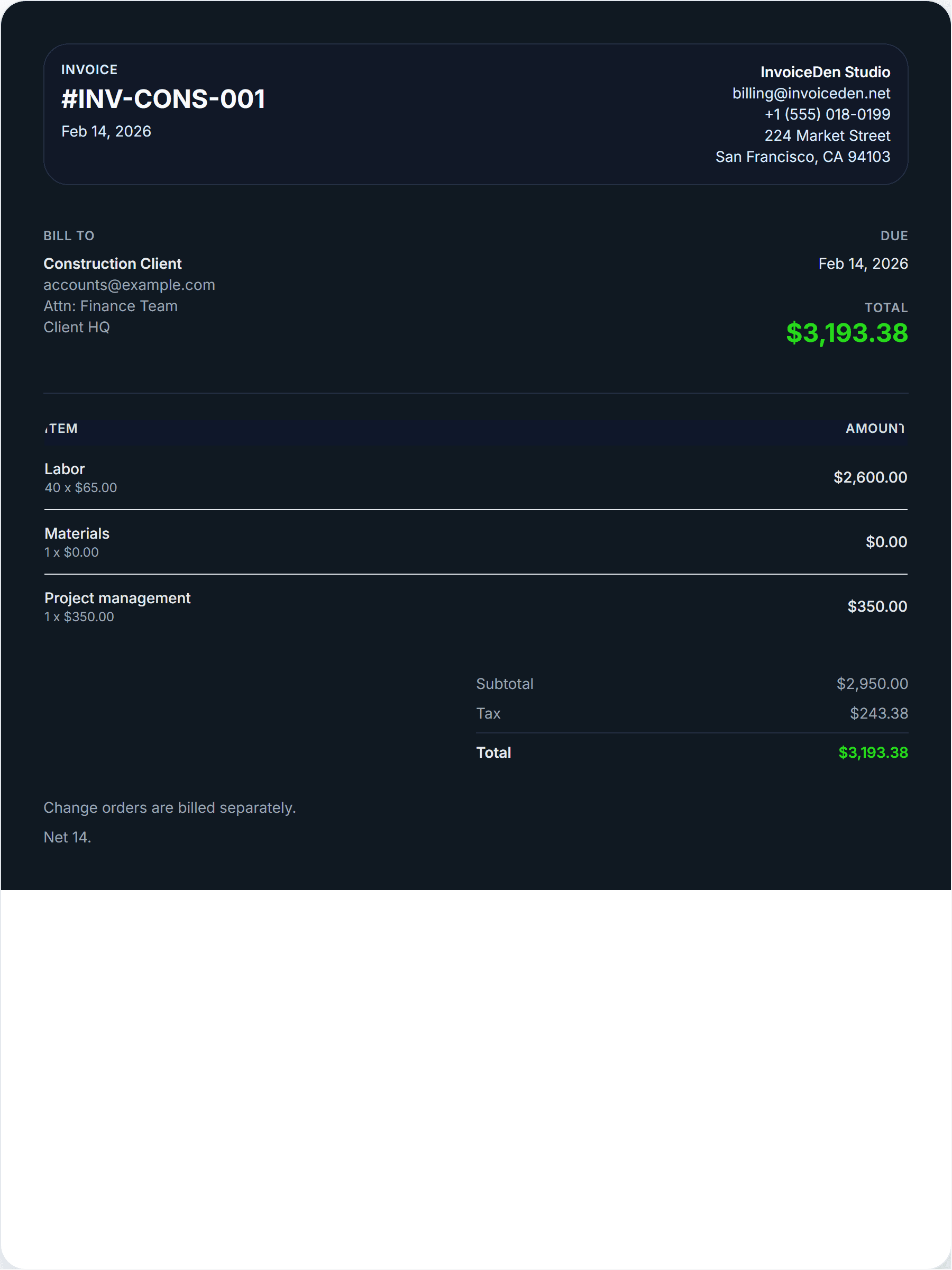 Construction minimal template preview