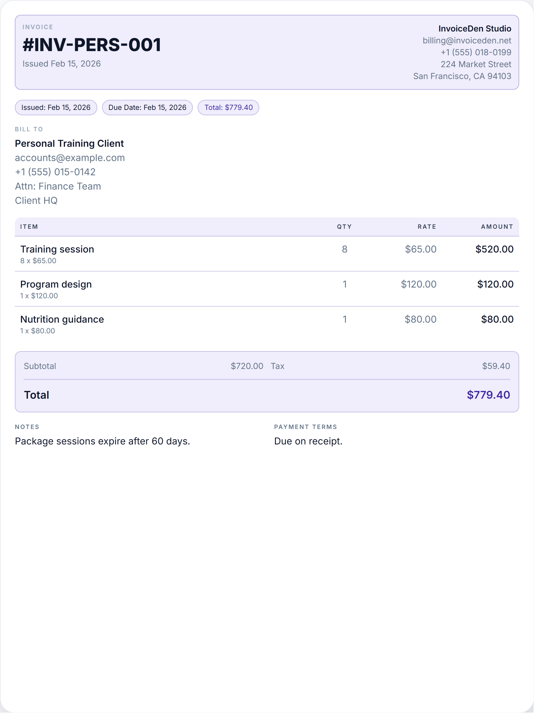 Personal Training professional template preview